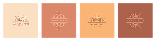 Set of vector bohemian logos.Boho linear icons or emblems.Letters with Tierra del Sol means The Land of Sun,Letters with Luna del Mar means Sea Moon,Letters with Sol de la Vega means Sun of the Valley