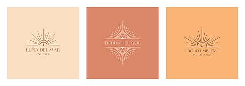 Set of vector bohemian logos.Boho linear icons or symbols in trendy minimal style.Modern celestial emblems.Letters with Tierra del Sol means The Land of Sun,Letters with Luna del Mar means Sea Moon