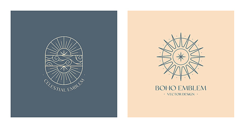 Vector linear boho emblems.Bohemian logos design with cloudy sky,crescent moon,sun and sunburst.Modern celestial icons or symbols in trendy minimalist style.Branding design templates.