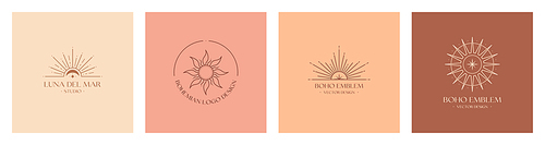 Set of vector bohemian logos.Boho linear icons or emblems with guiding star,crescent moon,sun and sunburst.Branding design templates.Letters with Luna del Mar means Sea Moon