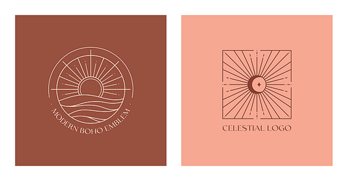 Set of vector linear boho emblems.Bohemian logo designs with sea,moon,sun and sunburst.Modern celestial icons or symbols in trendy minimalist style.Branding design templates.