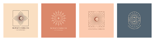 Vector linear boho emblems.Bohemian logos design with cloudy sky,guiding star,crescent moon,sun and sunburst.Modern celestial icons or symbols in trendy minimalist style.Branding design templates.