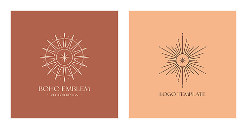 Vector linear boho emblems.Bohemian logos design with star,sun and sunburst.Modern celestial icons or symbols in trendy minimalist style.Branding design templates.