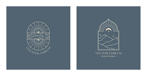 Vector linear boho emblems with mountain landscape;sun and sky concept.Travel logos with mountains or desert dunes;sun,moon and stars.Modern bohemian icons or symbols in oriental style.Branding design