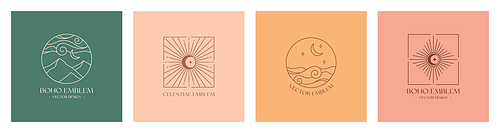 Set of vector linear boho emblems.Bohemian logo designs with sea or lake,sun and sunburst,mountains and crescent moon.Modern celestial icons or symbols in trendy minimalstyle.Branding design templates