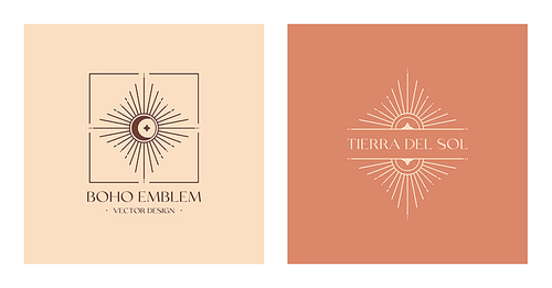 Vector bohemian logos design template with sun,crescent moon and light rays.Boho linear icons or symbols in trendy minimal style.Celestial emblems.Letters with Tierra del Sol means The Land of Sun