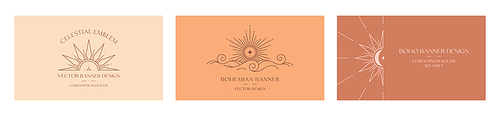 Vector bohemian logo designs with sun,cloud or sea waves and light rays.Boho linear icons or symbols in trendy minimalist style.Modern celestial emblems.Branding design,website banner,social media templates.