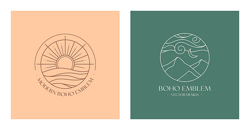 Set of vector linear boho emblems.Bohemian logo designs with sea,sun,mountains and moon.Modern celestial icons or symbols in trendy minimalist style.Branding design templates.