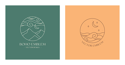 Set of vector linear boho emblems.Bohemian logo designs with sea,mountains and moon.Modern celestial icons or symbols in trendy minimalist style.Branding design templates.