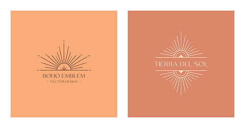 Vector bohemian logos with sun and sunburst.Boho linear icons or symbols in trendy minimal style.Modern celestial emblems.Branding design templates.Letters with Tierra del Sol means The Land of Sun