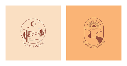 Vector linear boho emblems with rocky mountain and desert landscapes.Travel logos with cliffed coast;sea,sun,desert dunes;cacti,moon,stars.Modern hiking or camping labels in trendy minimal style.