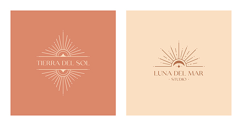 Set of vector bohemian logos.Boho linear icons or symbols in trendy minimal style.Modern celestial emblems.Letters with Tierra del Sol means The Land of Sun,Letters with Luna del Mar means Sea Moon