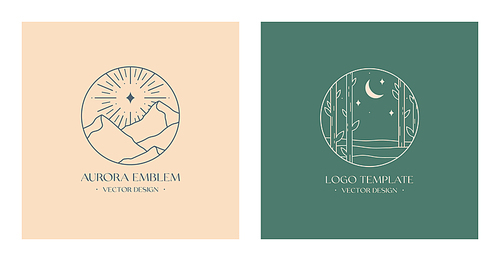 Vector linear boho emblems with abstract forest and mountains landscape.Travel logos with trees,aurora lights,moon and stars.Modern hiking or camping labels in trendy minimal style.Branding design templates.