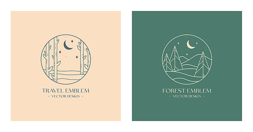 Vector linear boho emblems with abstract forest and mountains landscape.Travel logos with trees,spruces,mountains or snow hills,moon and stars.Modern hiking or camping labels in trendy minimal style.