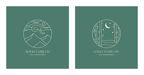 Vector linear boho emblems with abstract forest and mountains landscape.Travel logos with forest,night sky,crescent moon and stars.Modern hiking or camping labels in trendy minimal style.