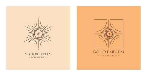 Vector bohemian logos design template with sun,crescent moon and light rays.Boho linear icons or symbols in trendy minimalist style.Modern celestial emblems.Branding design templates.