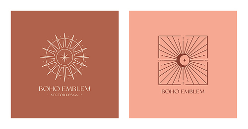 Vector bohemian logos design template with sun or guiding star,crescent moon and light rays.Boho linear icons or symbols in trendy minimalist style.Modern celestial emblems.Branding design templates.