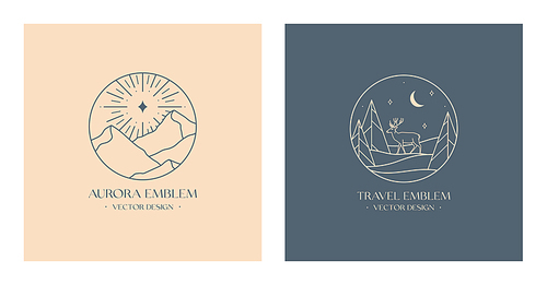 Vector linear boho emblems with mountain landscape,forest with deer.Travel logo with mountains,spruces,snow hills,aurora lights or polar star.Modern hike,camp,nature reserve or wildlife refuge label