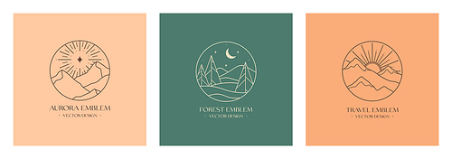 Vector linear boho emblems with snowcapped mountain landscapes,forest.Travel logos with mountains,sun,crescent moon,aurora lights or polar star.Modern hike,camp,nature reserve or wildlife refuge label