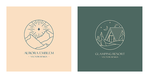 Vector linear glamping emblems with forest landscape,aurora lights,house.Travel logos with mountains,snow hills,crescent moon,polar star.Modern hike,camp,nature reserve,outdoor recreation labels.