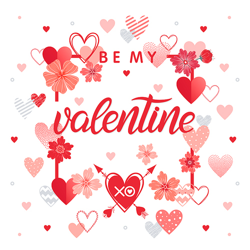 Be my Valentine - Hand painted lettering with different hearts.Romantic illustration perfect for design greeting cards, prints, flyers,posters,holiday invitations and more.Vector Valentines Day card.