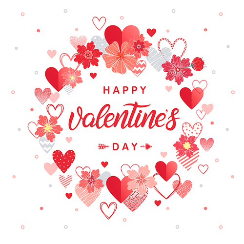 Happy Valentines Day - Hand painted lettering with different hearts and flowers.Romantic illustration perfect for design greeting cards, prints, flyers,posters,holiday invitations and more.Vector Valentines Day card.