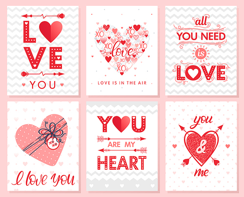 Set of creative Valentines Day cards with hearts,dots,hugs and kissesбgift box and arrows.Romantic illustrations perfect for prints,flyers,posters,save the date,holiday invitations and more.