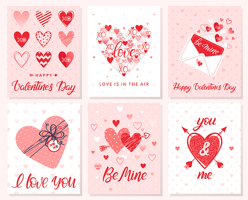 Set of creative Valentines Day cards with hearts,dots,hugs and kisses,love letter,gift box and arrows.Romantic illustrations perfect for prints,flyers,posters,holiday invitations and more.