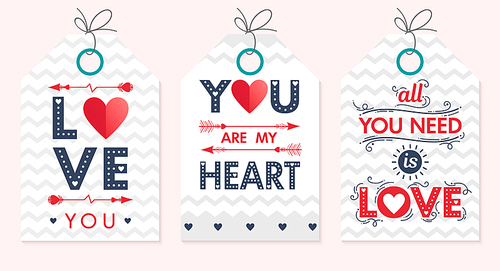 Set of creative Valentines Day cards.Hand drawn lettering with hearts,arrows and zig zag backgrounds.Seasons greetings cards perfect for prints,flyers,banners,invitations,special offer and more.