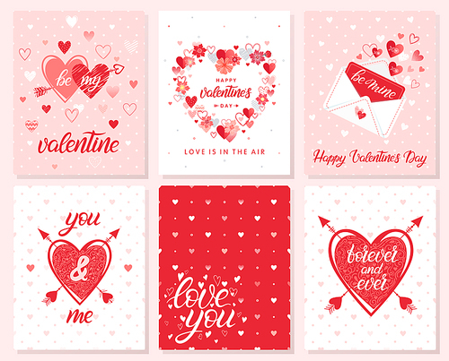 Set of creative Valentines Day cards with hearts,flowers,dots,hugs and kisses,love letter and arrows.Romantic illustrations perfect for prints,flyers,posters,holiday invitations and more.