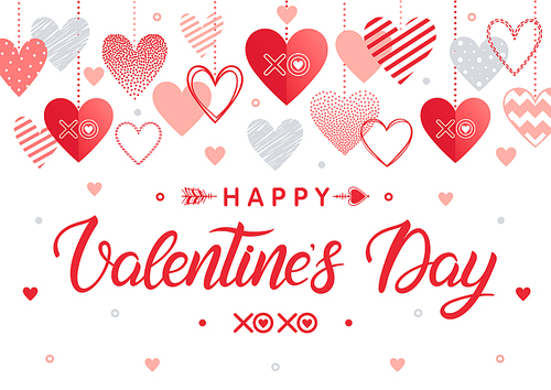 Happy Valentines Day - Hand painted lettering with different hearts.Romantic illustration perfect for design greeting cards, prints, flyers,posters,holiday invitations and more.Vector Valentines Day card.