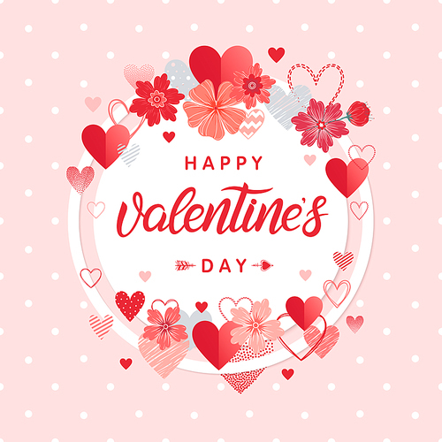 Happy Valentines Day - Hand painted lettering with different hearts and flowers.Romantic illustration perfect for design greeting cards, prints, flyers,posters,holiday invitations and more.Vector Valentines Day card.