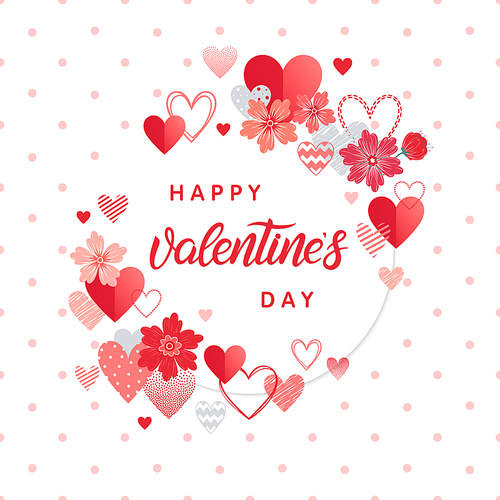 Happy Valentines Day - Hand painted lettering with different hearts and flowers.Romantic illustration perfect for design greeting cards, prints, flyers,posters,holiday invitations and more.Vector Valentines Day card.