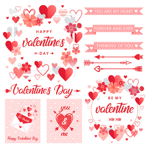 Set of creative Valentines Day cards and elements.Hand drawn lettering with hearts,arrows and ribbons..Romantic illustrations perfect for prints,flyers,posters,holiday invitations and more.