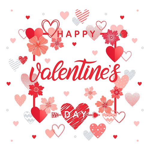 Happy Valentines Day - Hand painted lettering with different hearts and flowers.Romantic illustration perfect for design greeting cards, prints, flyers,posters,holiday invitations and more.Vector Valentines Day card.