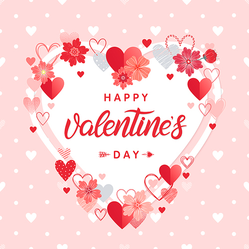 Happy Valentines Day - Hand painted lettering with different hearts and flowers.Romantic illustration perfect for design greeting cards, prints, flyers,posters,holiday invitations and more.Vector Valentines Day card.