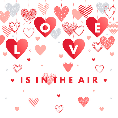 Love is in the air with different hearts.Romantic heart illustration perfect for design greeting cards, prints, flyers,cards,holiday invitations,save the date and more.Vector Valentines Day card.