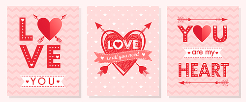 Set of creative Valentines Day cards.Hand drawn lettering with hearts,arrows and ribbons.Romantic illustrations perfect for prints,flyers,posters,holiday invitations and more.