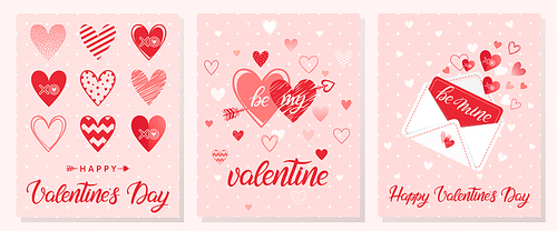 Set of creative Valentines Day cards.Hand drawn lettering with hearts,dots,hugs and kisses,love letter and arrows.Romantic illustrations perfect for prints,flyers,posters,holiday invitations and more.