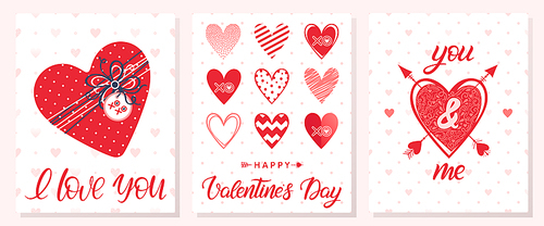 Set of creative Valentines Day cards.Hand drawn lettering with hearts,dots,hugs and kisses,gift box and arrows.Seasons greetings perfect for prints, flyers,banners,invitations,special offer and more.