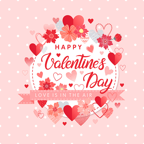 Happy Valentines Day - Hand painted lettering with different hearts and flowers.Romantic illustration perfect for design greeting cards, prints, flyers,posters,holiday invitations and more.Vector Valentines Day card.