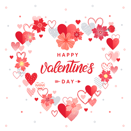 Happy Valentines Day - Hand painted lettering with different hearts and flowers.Romantic illustration perfect for design greeting cards, prints, flyers,posters,holiday invitations and more.Vector Valentines Day card.