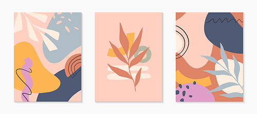 Set of mid century modern abstract vector illustrations with organic shapes and plants.Minimalistic art prints.Trendy designs perfect for banners templates;social media,invitations;branding,covers