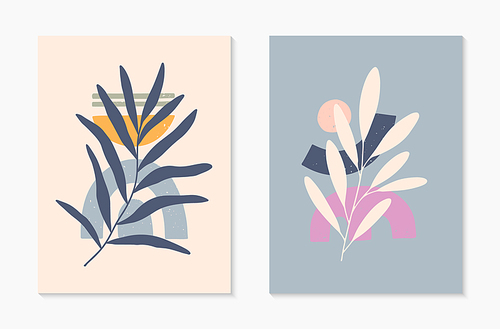 Set of mid century modern abstract vector illustrations with organic shapes and leaves.Minimalistic art prints.Trendy artistic designs perfect for banners;social media,invitations;branding,covers