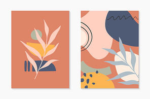Set of mid century modern abstract vector illustrations with organic shapes and plants.Minimalistic art prints.Trendy artistic designs perfect for banners templates;social media,invitations;branding,covers
