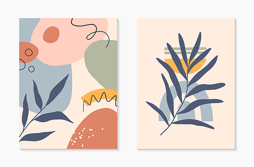 Set of mid century modern abstract vector illustrations with organic shapes and plants.Minimalistic art prints.Trendy artistic designs perfect for banners templates;social media,invitations;branding,covers