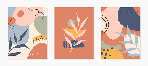 Set of mid century modern abstract vector illustrations with organic shapes and plants.Minimalistic art prints.Trendy designs perfect for banners templates;social media,invitations;branding,covers
