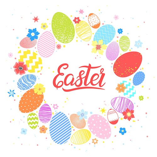 Easter typography Easter - hand drawn lettering with colorful eggs,flowers and confetti. Seasons greetings card perfect for prints, flyers,banners,holiday invitations,special offers and more.