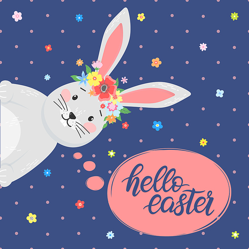 Easter typography.Hello Easter - hand drawn lettering with colorful eggs,different flowers and cute funny bunny. Seasons greetings card perfect for prints, flyers,banners,holiday invitations and more.