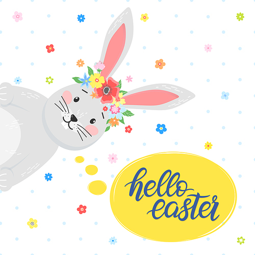 Easter typography.Hello Easter - hand drawn lettering with colorful eggs,different flowers and cute funny bunny. Seasons greetings card perfect for prints, flyers,banners,holiday invitations and more.